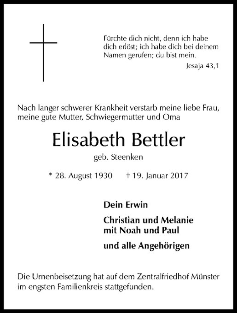  Traueranzeige für Elisabeth Bettler vom 04.02.2017 aus Westfälische Nachrichten