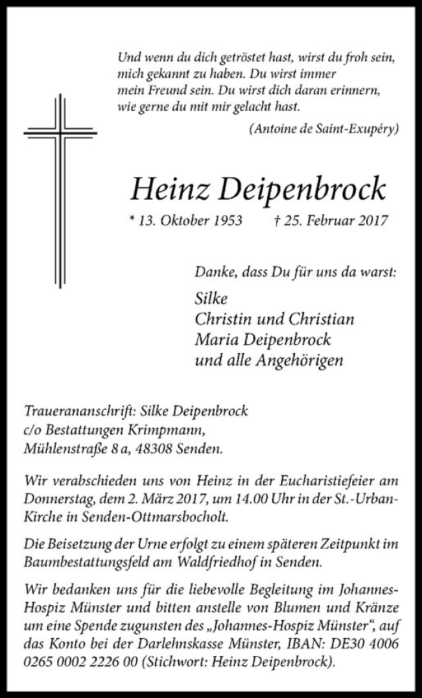  Traueranzeige für Heinz Deipenbrock vom 28.02.2017 aus Westfälische Nachrichten