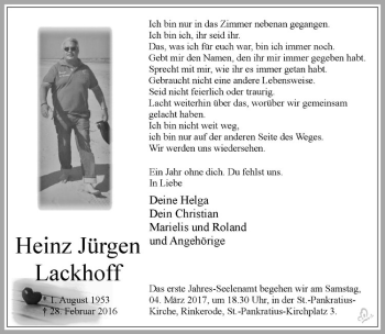 Anzeige von Heinz Jürgen Lackhoff von Westfälische Nachrichten