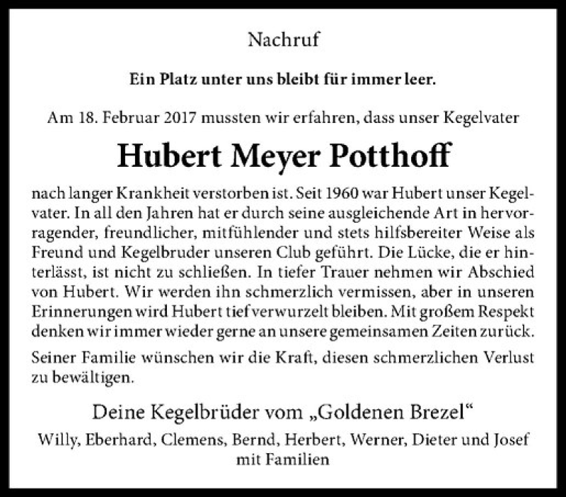 Traueranzeige für Hubert Meyer Potthoff vom 23.02.2017 aus Westfälische Nachrichten