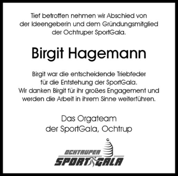 Anzeige von Birgit Hagemann von Westfälische Nachrichten