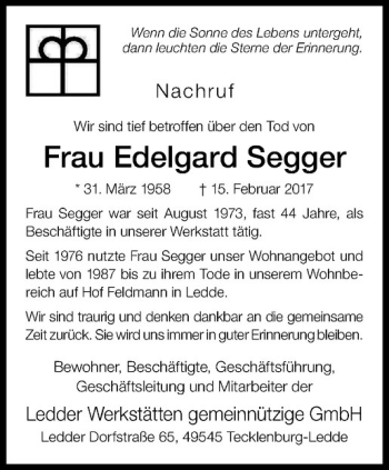 Anzeige von Edelgard Segger von Westfälische Nachrichten
