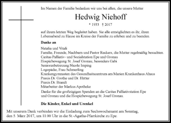 Anzeige von Hedwig Niehoff von Westfälische Nachrichten