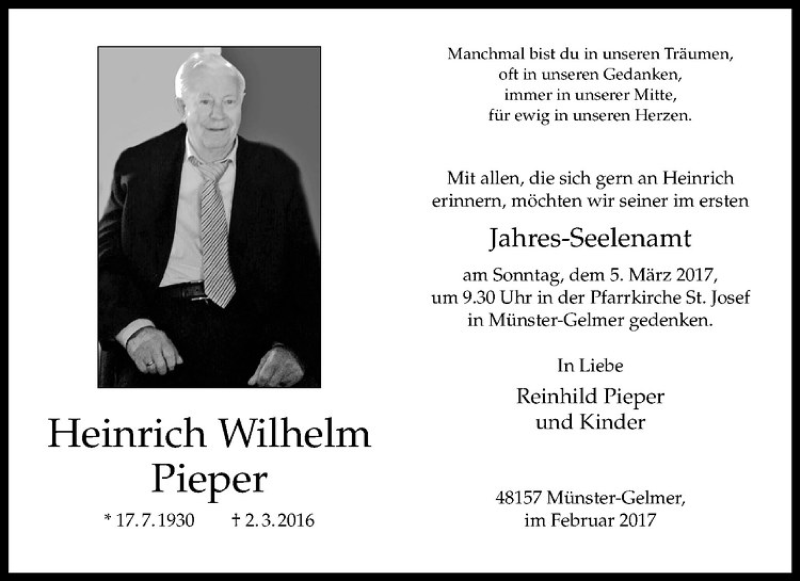  Traueranzeige für Heinrich Wilhelm Pieper vom 25.02.2017 aus Westfälische Nachrichten