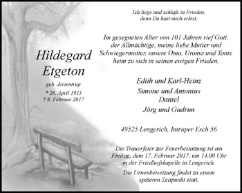 Anzeige von Hildegard Etgeton von Westfälische Nachrichten