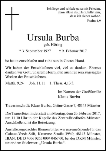 Anzeige von Ursula Burba von Westfälische Nachrichten
