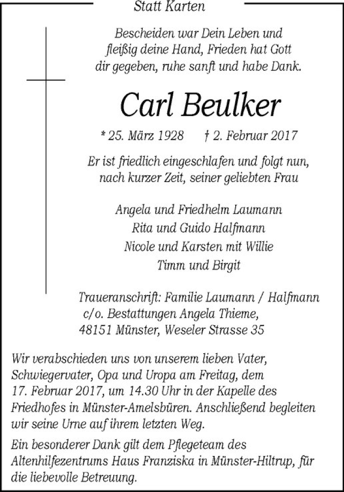  Traueranzeige für Carl Beulker vom 11.02.2017 aus Westfälische Nachrichten