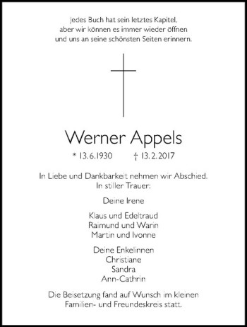 Anzeige von Werner Appels von Westfälische Nachrichten