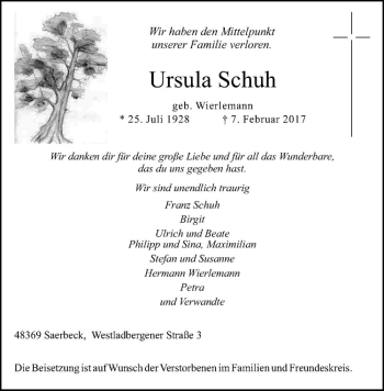 Anzeige von Ursula Schuh von Westfälische Nachrichten