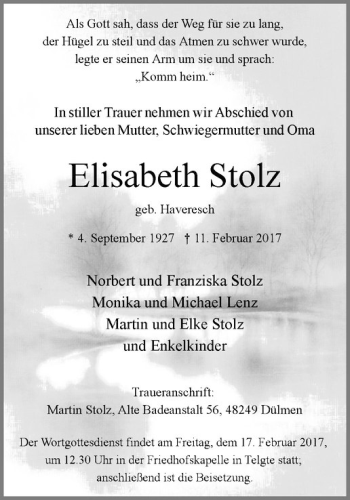 Anzeige von Elisabeth Stolz von Westfälische Nachrichten
