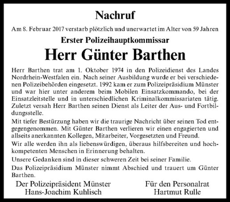  Traueranzeige für Günter Barthen vom 13.02.2017 aus Westfälische Nachrichten