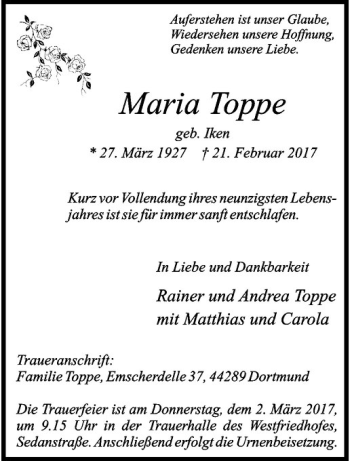 Anzeige von Maria Toppe von Westfälische Nachrichten