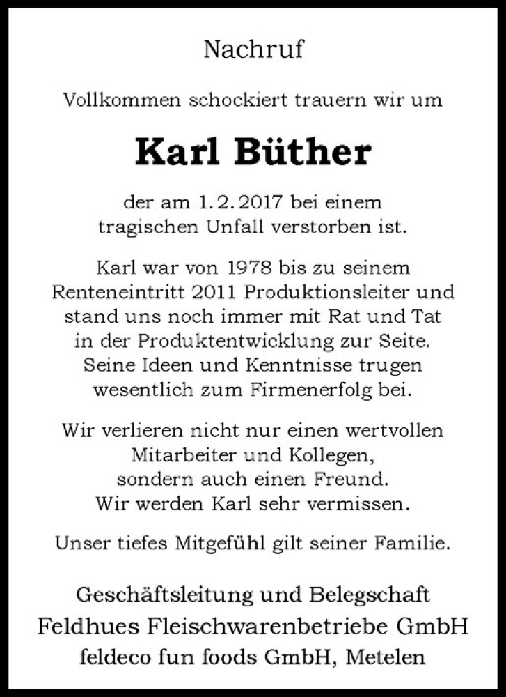  Traueranzeige für Karl Büther vom 11.02.2017 aus Westfälische Nachrichten