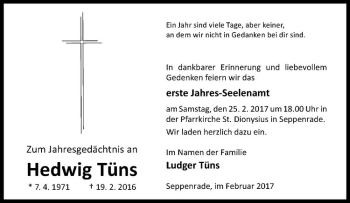 Anzeige von Hedwig Tüns von Westfälische Nachrichten