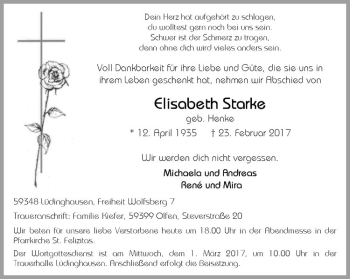Anzeige von Elisabeth Starke von Westfälische Nachrichten