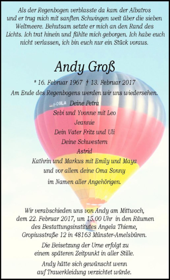 Anzeige von Andy Groß von Westfälische Nachrichten