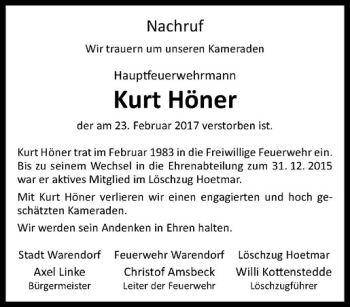 Anzeige von Kurt Höner von Westfälische Nachrichten