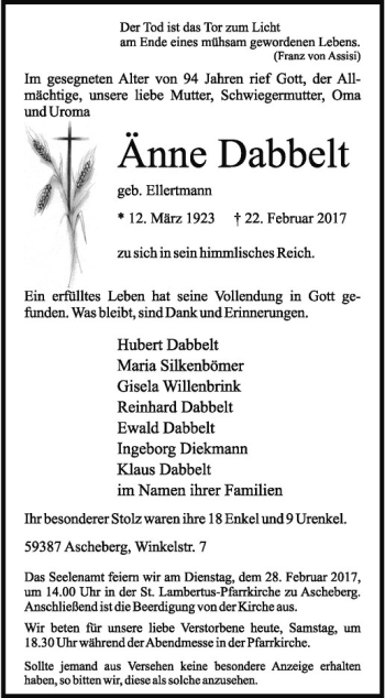 Anzeige von Änne Dabbelt von Westfälische Nachrichten