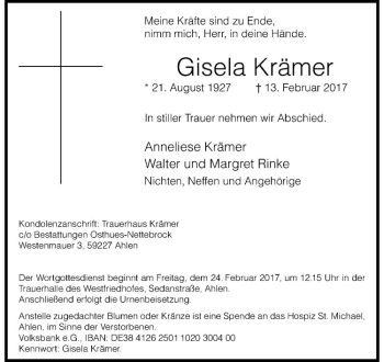 Anzeige von Gisela Krämer von Westfälische Nachrichten