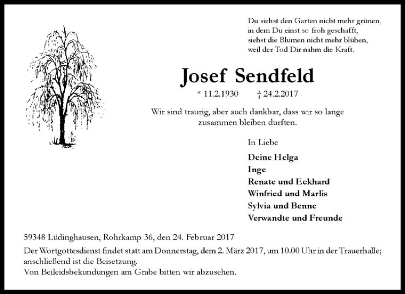  Traueranzeige für Josef Sendfeld vom 27.02.2017 aus Westfälische Nachrichten