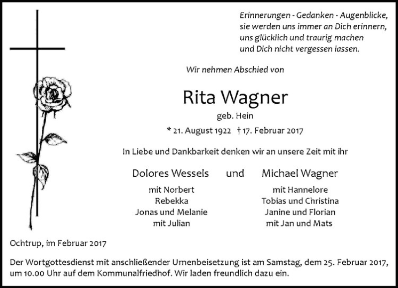  Traueranzeige für Rita Wagner vom 21.02.2017 aus Westfälische Nachrichten