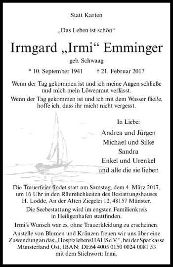 Anzeige von Irmgard Emminger von Westfälische Nachrichten