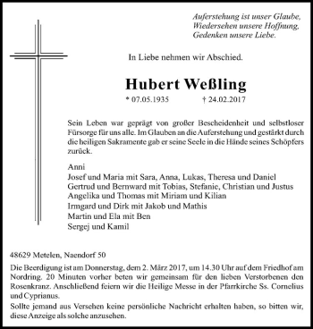 Anzeige von Hubert Weßling von Westfälische Nachrichten