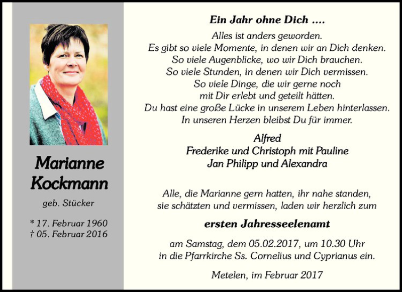  Traueranzeige für Marianne Kockmann vom 02.02.2017 aus Westfälische Nachrichten