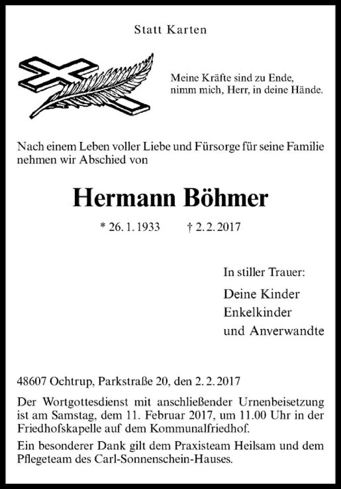  Traueranzeige für Hermann Böhmer vom 07.02.2017 aus Westfälische Nachrichten