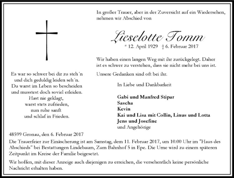  Traueranzeige für Lieselotte Tomm vom 09.02.2017 aus Westfälische Nachrichten