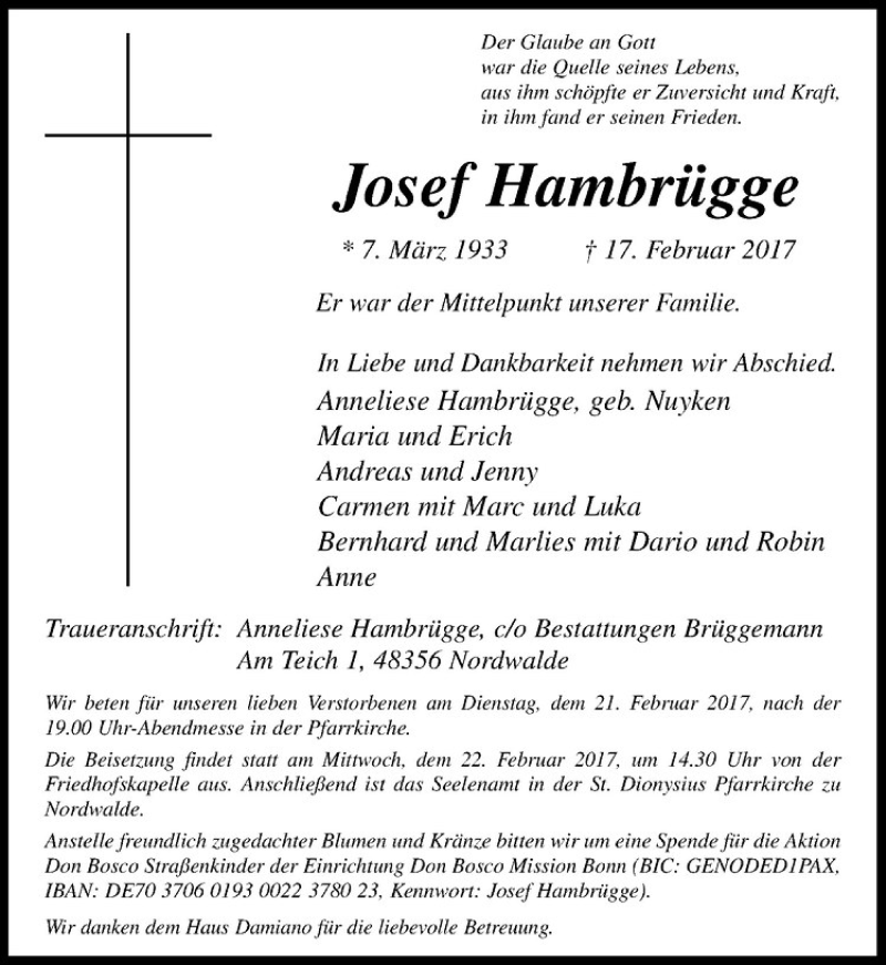  Traueranzeige für Josef Hambrügge vom 20.02.2017 aus Westfälische Nachrichten