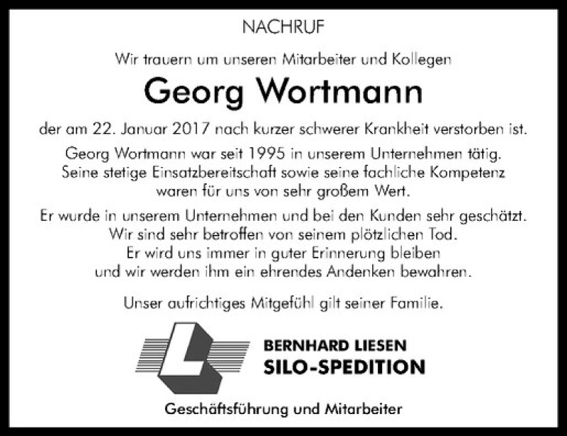  Traueranzeige für Georg Wortmann vom 03.02.2017 aus Westfälische Nachrichten