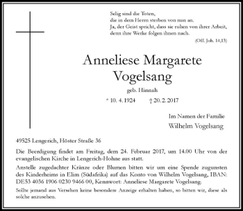 Anzeige von Anneliese Margarete Vogelsang von Westfälische Nachrichten