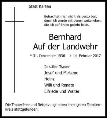 Anzeige von Bernhard Auf der Landwehr von Westfälische Nachrichten