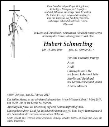 Anzeige von Hubert Schmerling von Westfälische Nachrichten