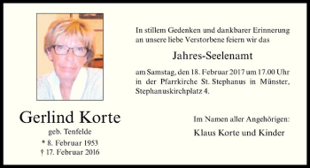 Anzeige von Gerlind Korte von Westfälische Nachrichten