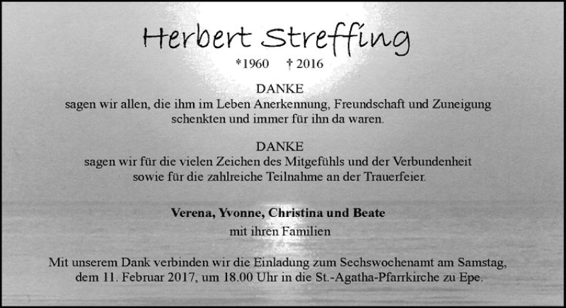  Traueranzeige für Herbert Streffing vom 04.02.2017 aus Westfälische Nachrichten