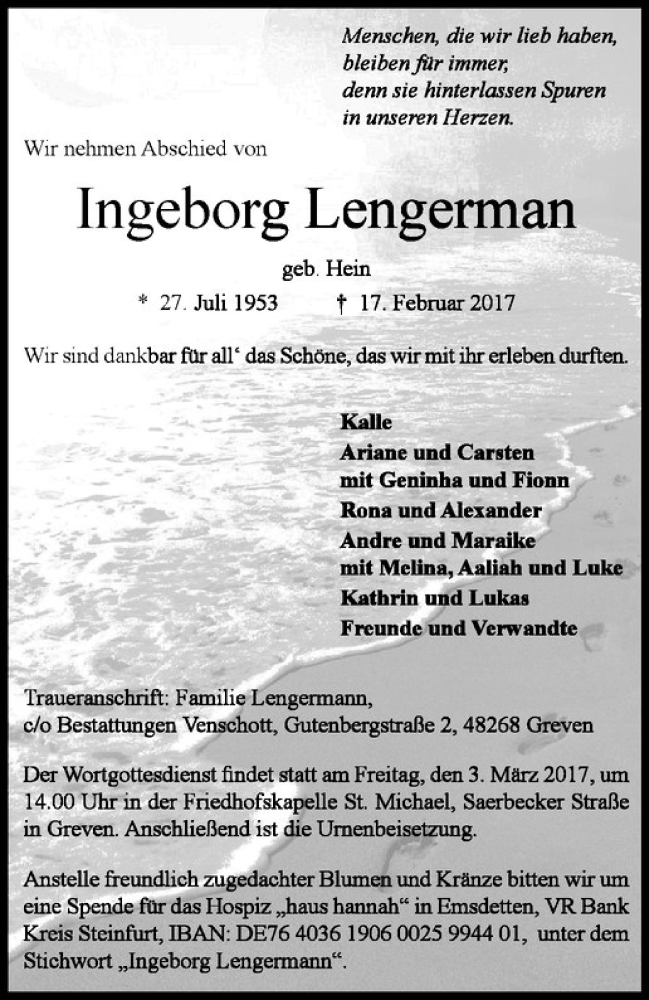  Traueranzeige für Ingeborg Lengermann vom 25.02.2017 aus Westfälische Nachrichten