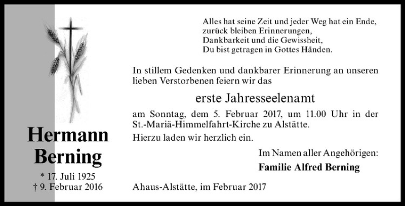  Traueranzeige für Hermann Berning vom 01.02.2017 aus Westfälische Nachrichten