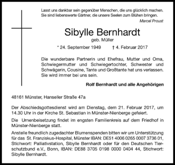 Anzeige von Sibylle Bernhardt von Westfälische Nachrichten