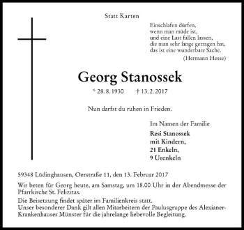 Anzeige von Georg Stanossek von Westfälische Nachrichten
