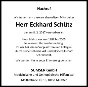 Anzeige von Eckhard Schütz von Westfälische Nachrichten