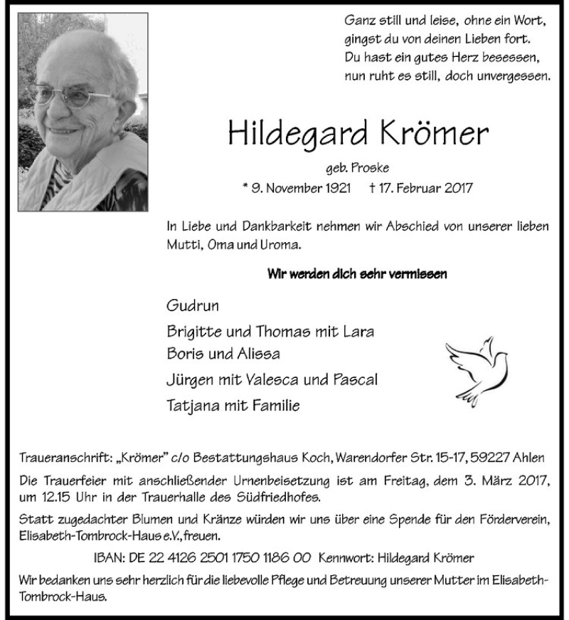  Traueranzeige für Hildegard Krömer vom 25.02.2017 aus Westfälische Nachrichten
