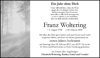 Anzeige von Franz Woltering von Westfälische Nachrichten
