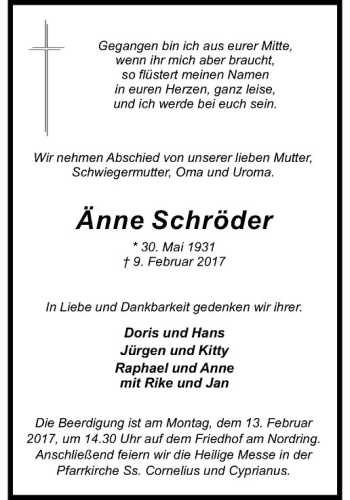 Anzeige von Änne Schröder von Westfälische Nachrichten