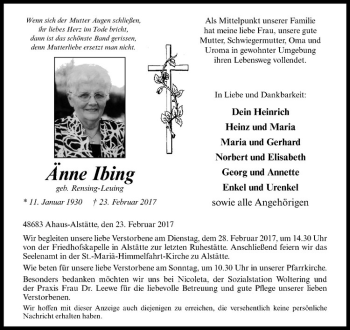Anzeige von Änne Ibing von Westfälische Nachrichten