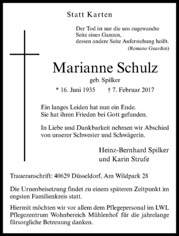 Anzeige von Marianne Schulz von Westfälische Nachrichten
