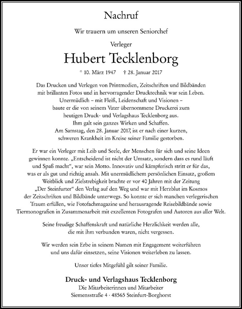  Traueranzeige für Hubert Tecklenborg vom 01.02.2017 aus Westfälische Nachrichten