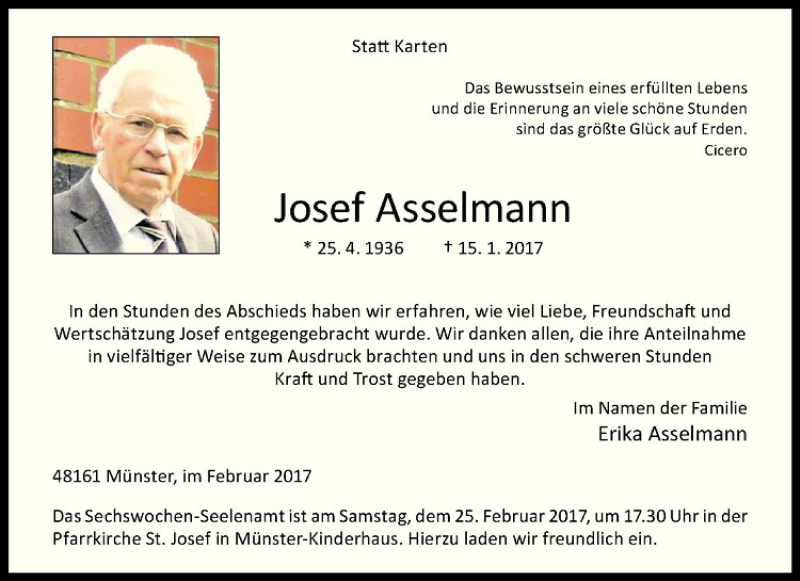  Traueranzeige für Josef Asselmann vom 18.02.2017 aus Westfälische Nachrichten