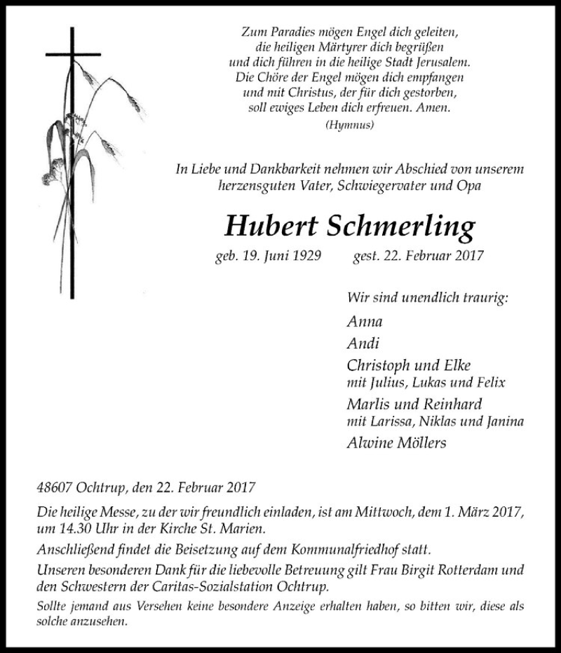  Traueranzeige für Hubert Schmerling vom 25.02.2017 aus Westfälische Nachrichten